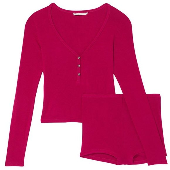 VICTORIA'S SECRET XL Ribbed Modal Henley Short Pajama Set NWT Claret Red Comfy - Picture 7 of 8